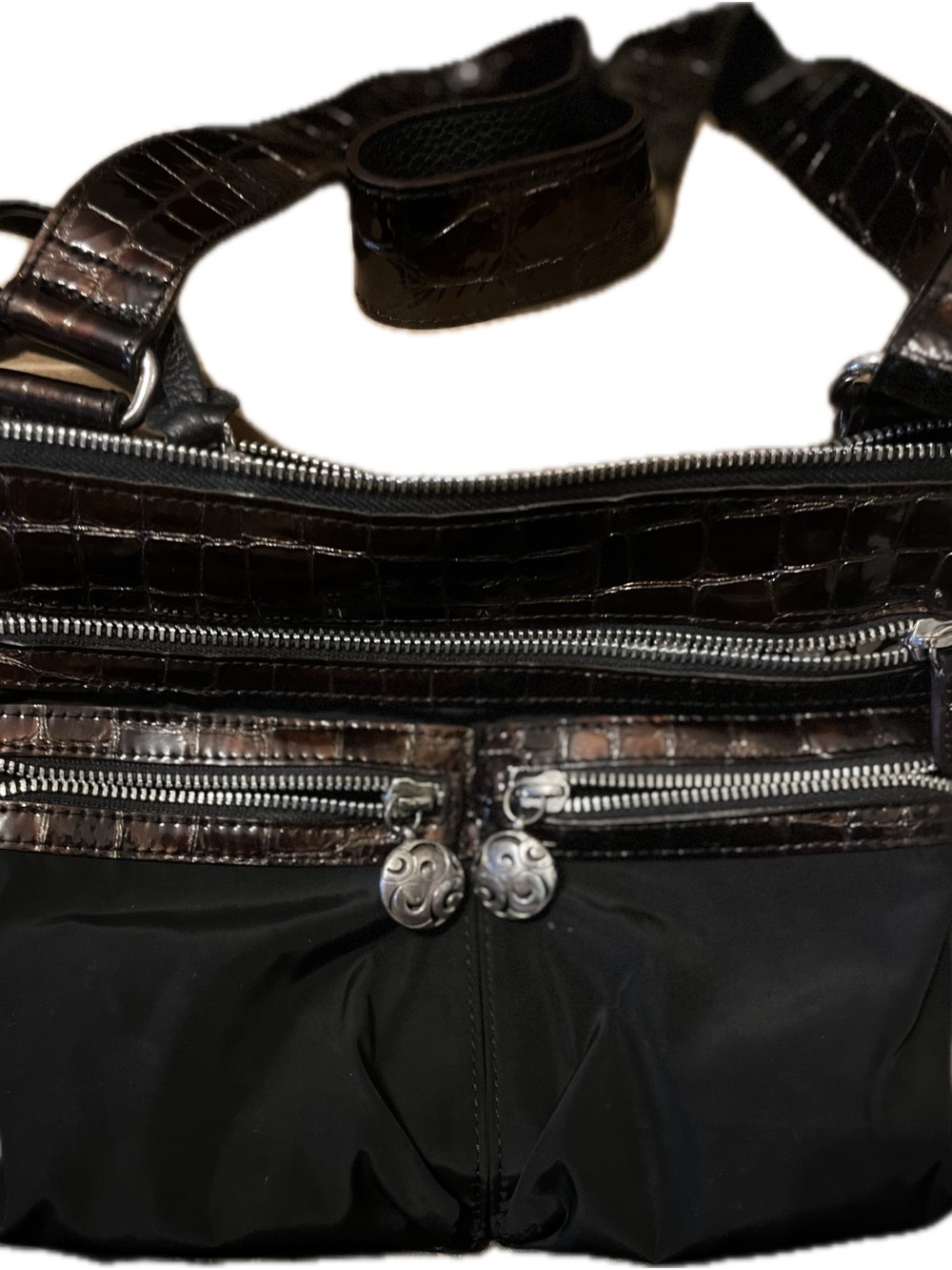 Vintage Brighton Black Nylon Croc Embossed Crossbody Bag Brown Patent Leather
